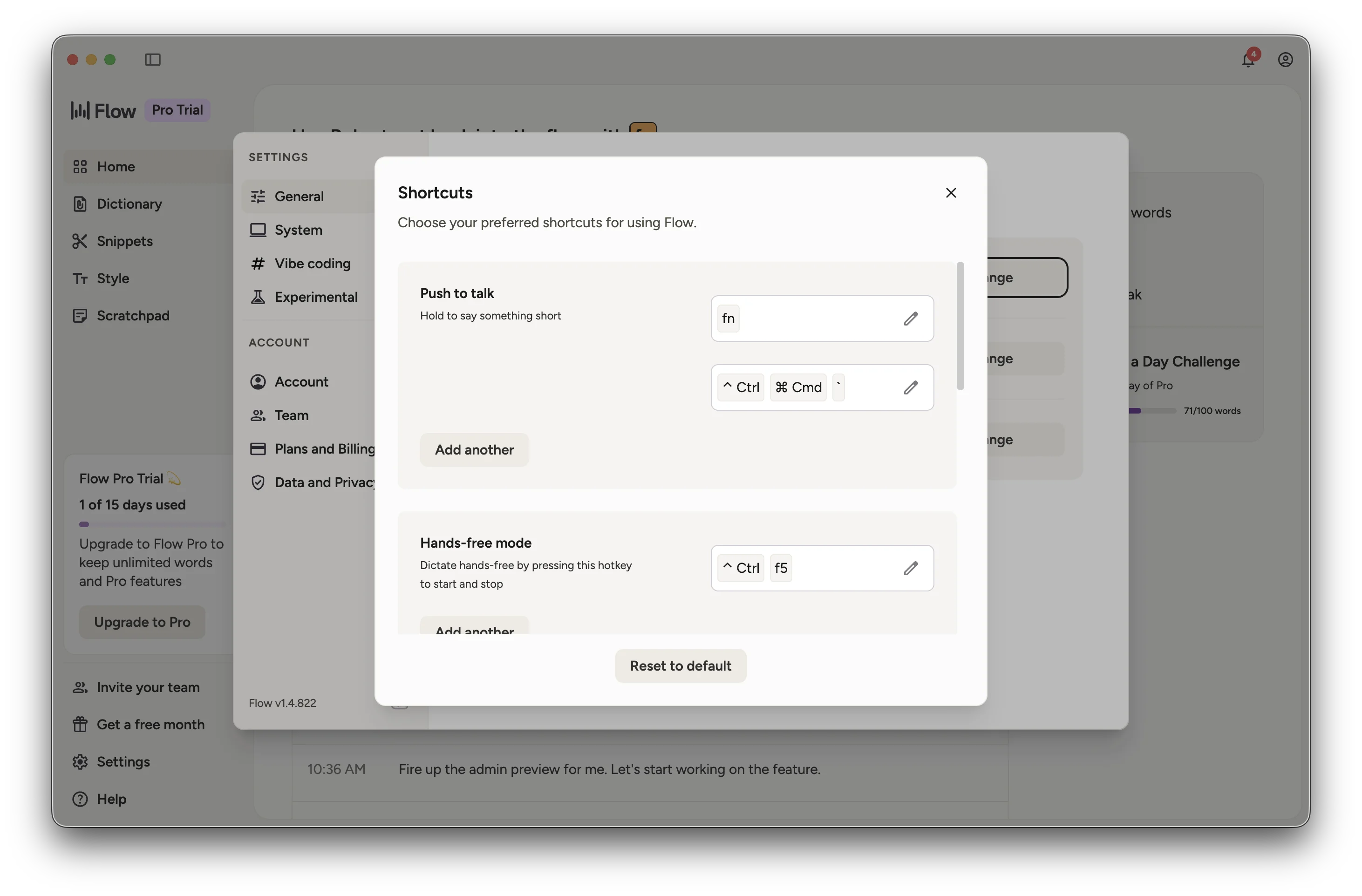 Wispr Flow shortcuts settings